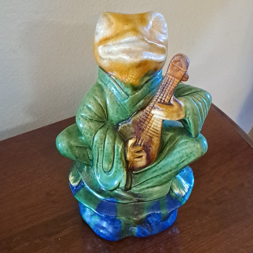 Green and Blue Ceramic Frog Musician Art Piece